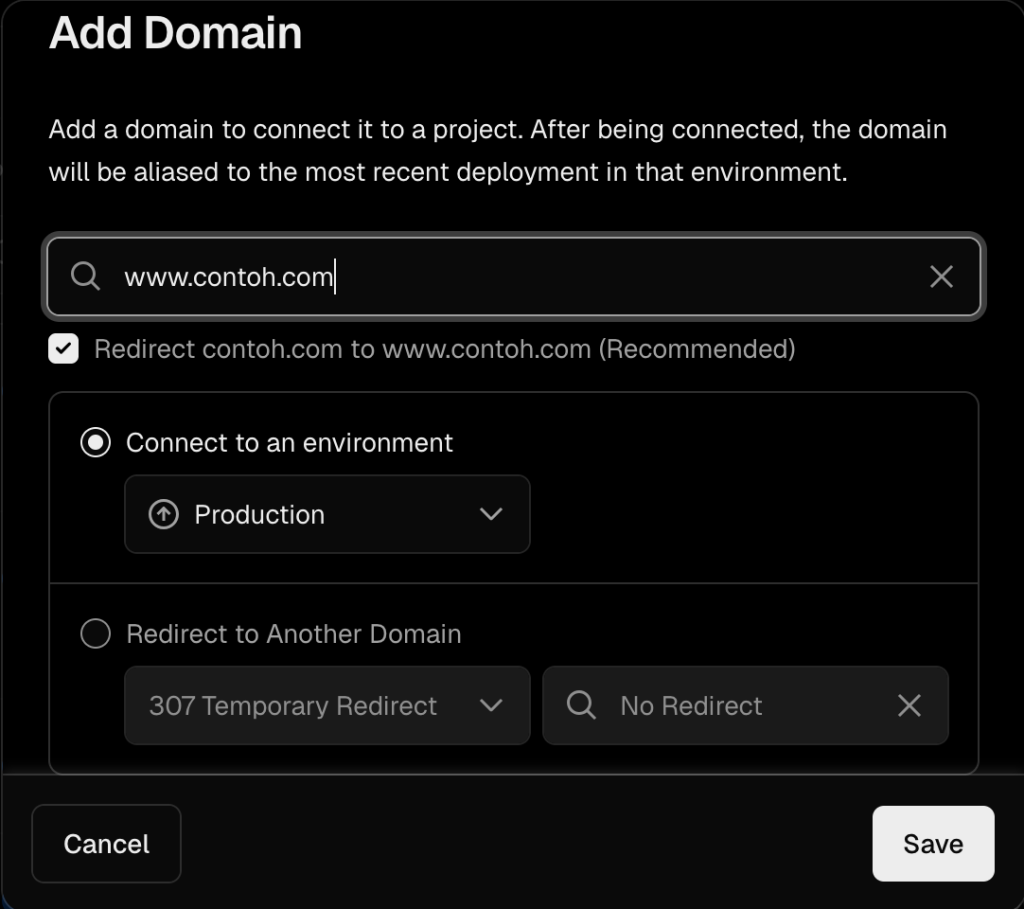 menambahkan domain baru pada dashboard vercel